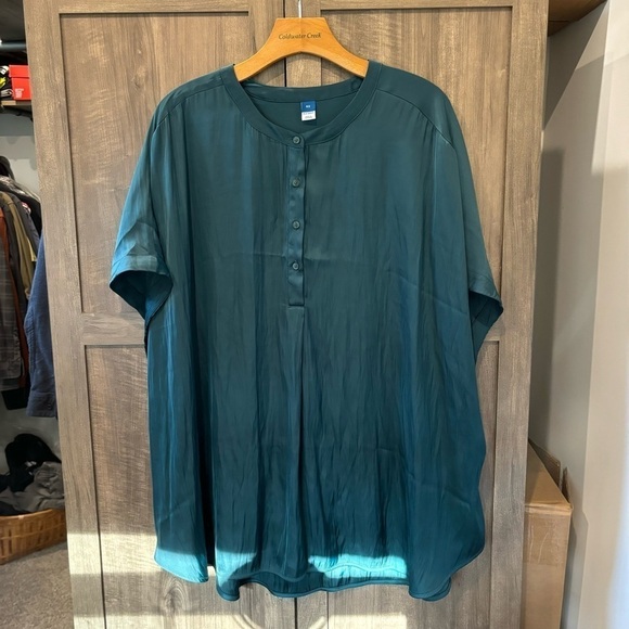 Old Navy 4X Top quarter Button Down Blouse Emerald Green Short Cap Sleeeve - Picture 1 of 12